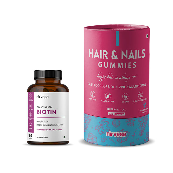 Plant-Based Biotin Tablets and Hair & Nail Gummies Combo  NIRVASA